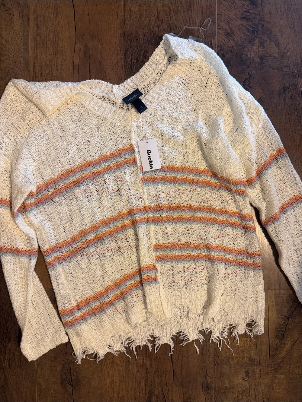 Daytrip Cream Open-Knit Crewneck Sweater with Orange and Blue Stripes